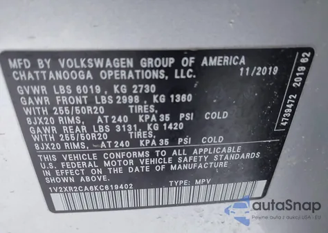 2019 Volkswagen Atlas Se z USA, uszkodzony, nr VIN 1V2XR2CA6KC619402